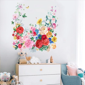 Vinilos decorativos de flores en acuarela con peonías, rosas y mariposas para pared de casa