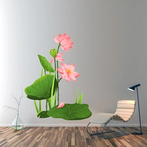 Detailed view of pink lotus wall stickers in a modern minimalist living room setting