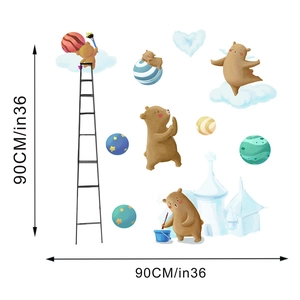 Detailed 90x90cm layout of cartoon bear wall stickers with dimensions and blue castle