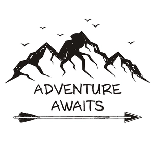 Adventure Awaits wall decal featuring mountain silhouette, gulls, and arrow design