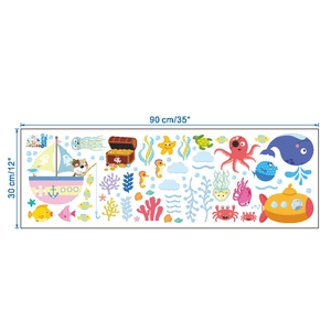 Detailed 90x30cm layout of ocean theme wall stickers featuring whale and submarine