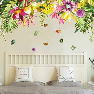 Tropical flower and green leaf wall stickers with butterfly decor for bedroom walls