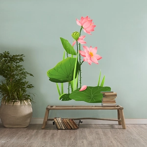 Detail of pink lotus wall stickers with green leaves in a minimalist living room setting