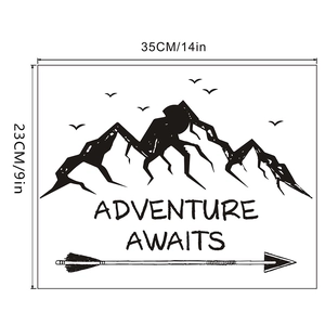 Detail of adventure awaits wall decal showing mountain gulls and arrow design 35x23cm