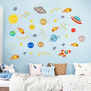 Cartoon space wall stickers featuring planets and rockets in a cozy blue kids bedroom