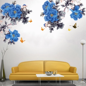Vinilo decorativo de peonías azules y mariposas amarillas para pared de salón casa