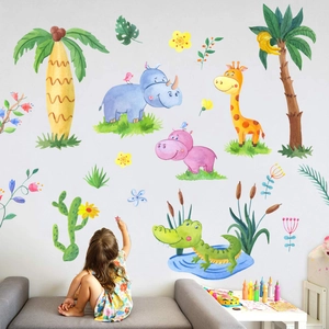 Watercolor cartoon animal wall stickers featuring giraffe and rhino for nursery decor