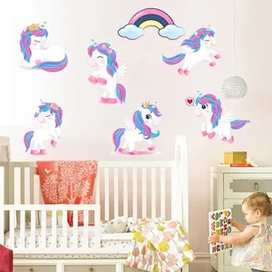 Cartoon unicorn wall stickers with rainbow set for children's room bedroom decor