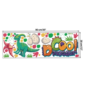 Detailed sheet of dinosaur wall stickers including T-Rex footprints, measuring 90x30 cm