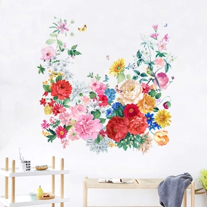 Pegatinas de pared de peonías y rosas con mariposas y pájaros para decoración hogar