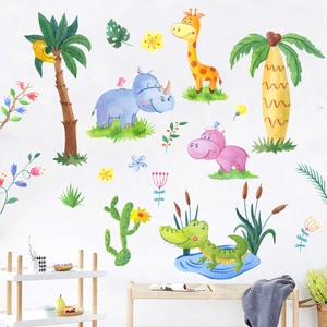 Cartoon Jungle Animals Watercolor Wall Stickers Waterproof PVC DIY Removable Nursery Decor Giraffe Hippo Rhino Wall Decals