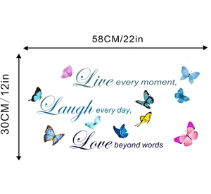 Detailed dimension guide for Live Laugh Love wall sticker with butterflies measuring 58x30cm