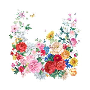 Vinilo decorativo floral con rosas peonías mariposas y pájaros sobre fondo blanco