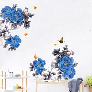 Vinilos decorativos de peonías azules y mariposas estilo pintura china para el hogar