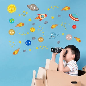 Cartoon solar system space wall stickers with planets and rockets for nursery room
