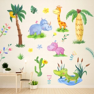 Nursery wall scene with watercolor giraffe, hippo, and jungle plants on a beige brick wall