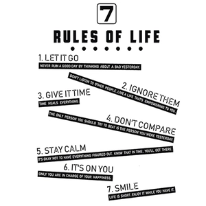 Minimalistische Wandtattoo 7 Rules of Life mit schwarzer motivierender Typografie