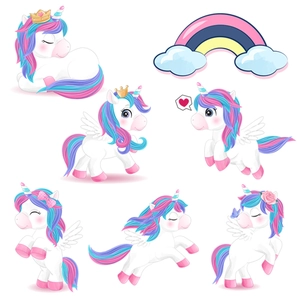 Whimsical unicorn wall stickers with colorful rainbows for kids room and bedroom decor