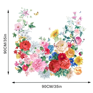 Detalle de vinilos decorativos de peonías y girasoles con mariposas de 90x90 cm