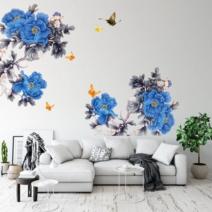 Pegatinas de pared de peonías azules con mariposas para decorar salón y dormitorio