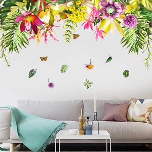 Tropical rainforest wall sticker with green leaves and flowers for living room decor