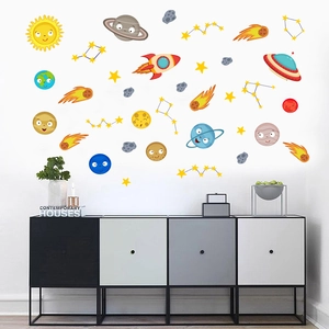 Detailed view of colorful space planets wall decals with rocket and UFO in kids room