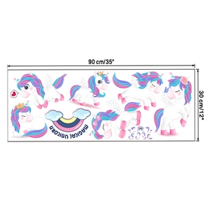 Detailed size chart showing 90x30cm magical unicorn wall stickers for kids room