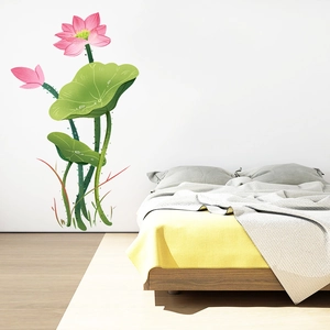 Self-adhesive lotus wall decals with pink flowers and green leaves for bedroom decor