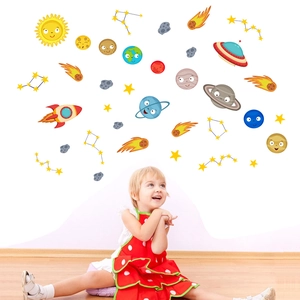 Detailed cartoon space wall decals with planets, rockets, and UFOs for kids' bedroom decor