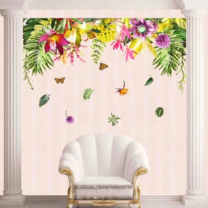 Tropical mural detail with orchids, palm leaves and butterflies on elegant pink wall
