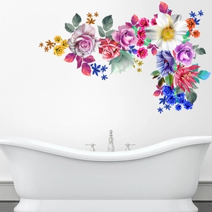 Pegatinas de pared de rosas y peonías en diseño en L para decorar el cuarto de baño