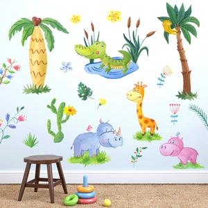 Watercolor animal wall stickers featuring giraffe and rhino for kids bedroom decor