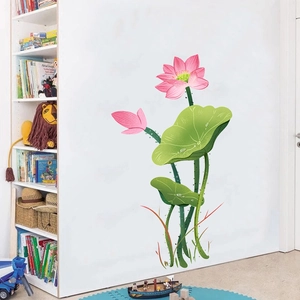 Watercolour lotus wall sticker with pink flowers and green leaves for home wall decor