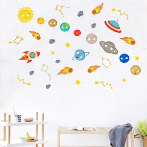 Cartoon space planets wall decal set featuring stars and rockets for kids room decoration