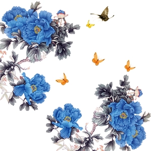 Pegatinas de pared de peonía azul china con mariposas elegantes para salón y hogar