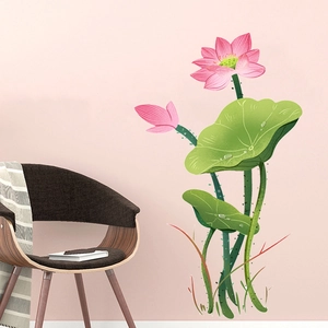 Detailed wall sticker showing pink lotus flowers and green leaves in a quiet home interior