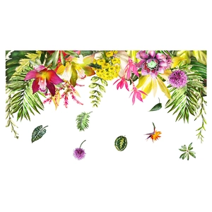 Tropical wall stickers with red orchids, palm leaves and vines for home wall decoration