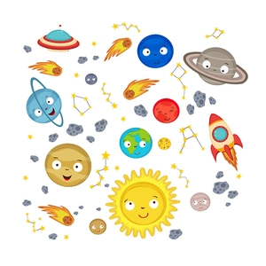 Space planet cartoon wall stickers with sun earth moon and rockets for kids room decor