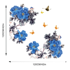 Detalle de vinilos de pared de peonía azul con mariposas y medida de tamaño de 120cm