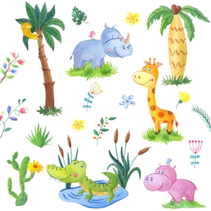 Watercolor animal wall stickers featuring giraffe, hippos and tropical plants for kids room