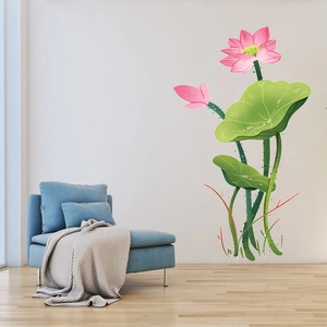 Detail of pink lotus wall stickers with green leaves and dew drops on a white living room wall