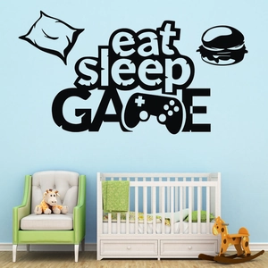 Eat sleep game wall decal with controller and burger icons for gamer bedroom decor