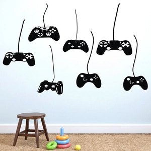 Detail of diverse game controller wall stickers hanging for gaming room decor