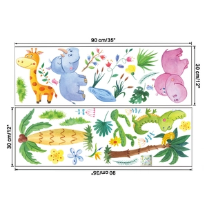 Watercolor cartoon animal wall stickers set including giraffe and hippo motifs 90x30cm