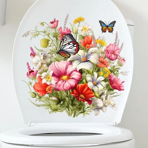 Détail d'un autocollant WC imperméable en PVC avec papillons et fleurs sauvages