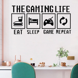 Detail view of The Gaming Life wall decal with Eat Sleep Game Repeat icons on a white wall