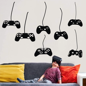 Gamer wall decals featuring black game controller silhouettes for kids room decor