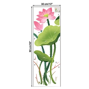 Detailed sheet of lotus wall decals showing 30x90cm dimensions and numbered floral parts