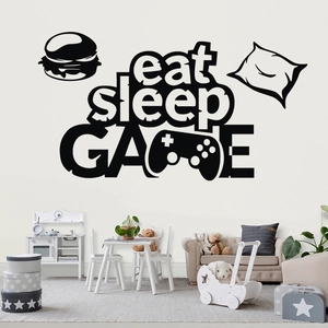 Eat sleep game wall decal with burger and controller icons for bedroom and game room decor