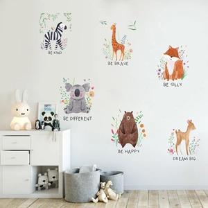 Detailed view of watercolor animal wall stickers with motivational quotes for kids rooms
